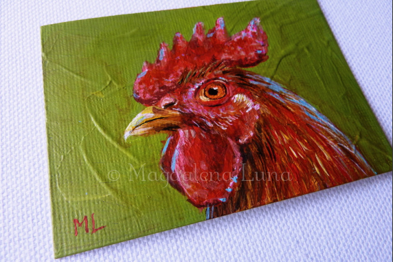ACEO Copper rooster portrait by Magdalena Luna